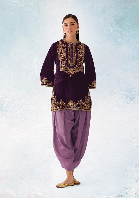 Dark Purple Embroidered Velvet Dhoti Suit Set