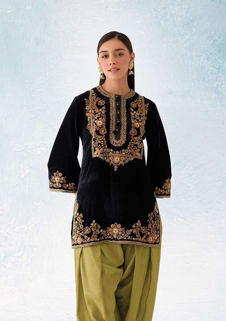 Black Embroidered Velvet Dhoti Suit Set - Indya