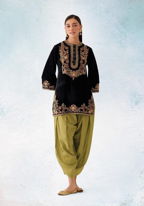 Black Embroidered Velvet Dhoti Suit Set