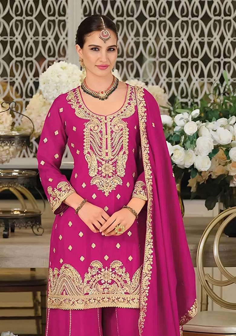 Rani Pink Embroidered Silk Kurta Set - Indya