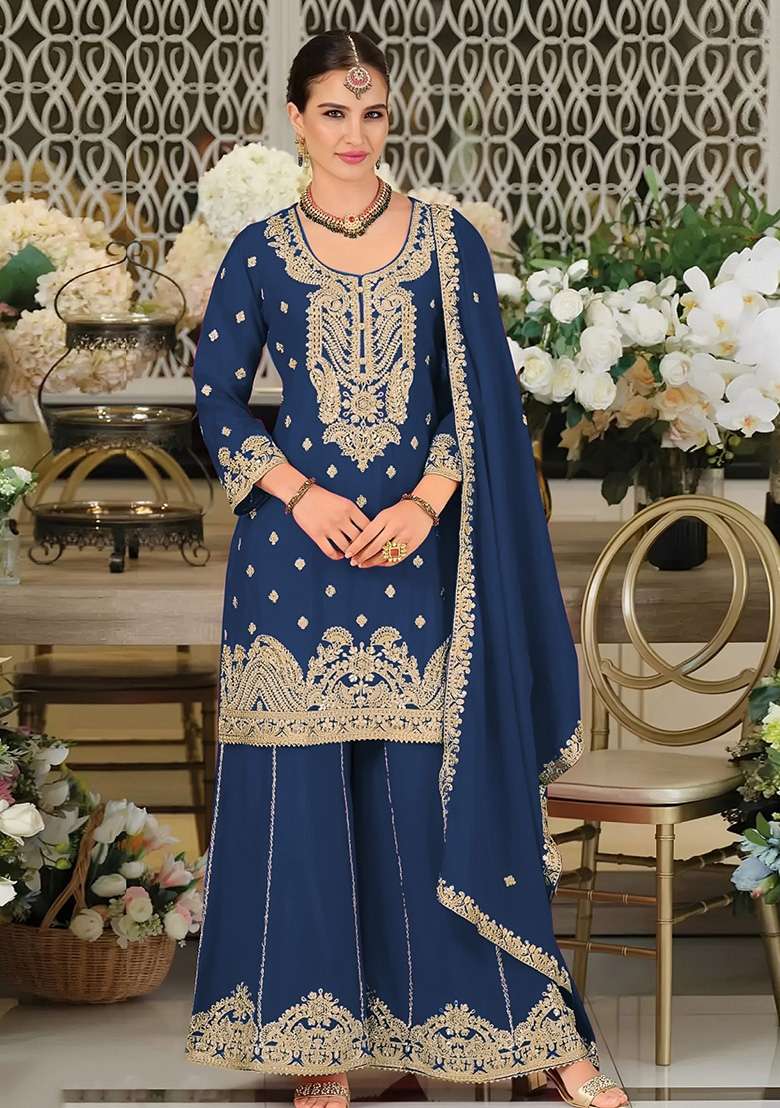 Teal Blue Embroidered Silk Kurta Set - Indya
