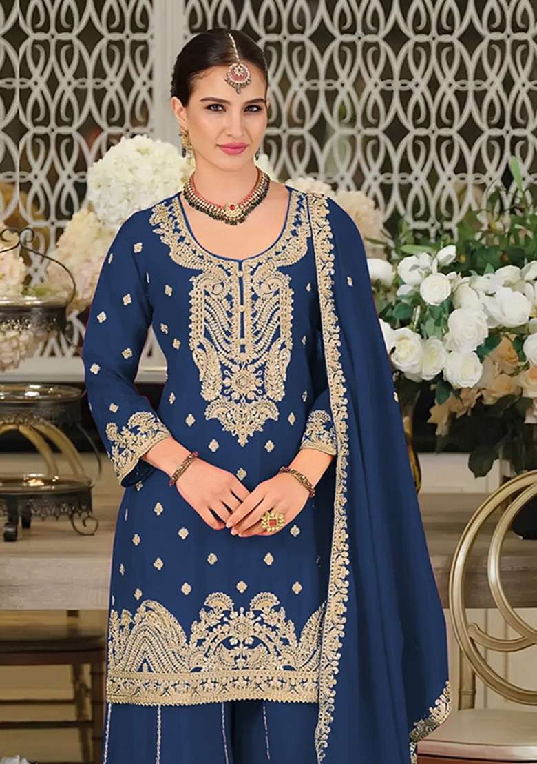 Teal Blue Embroidered Silk Kurta Set - Indya