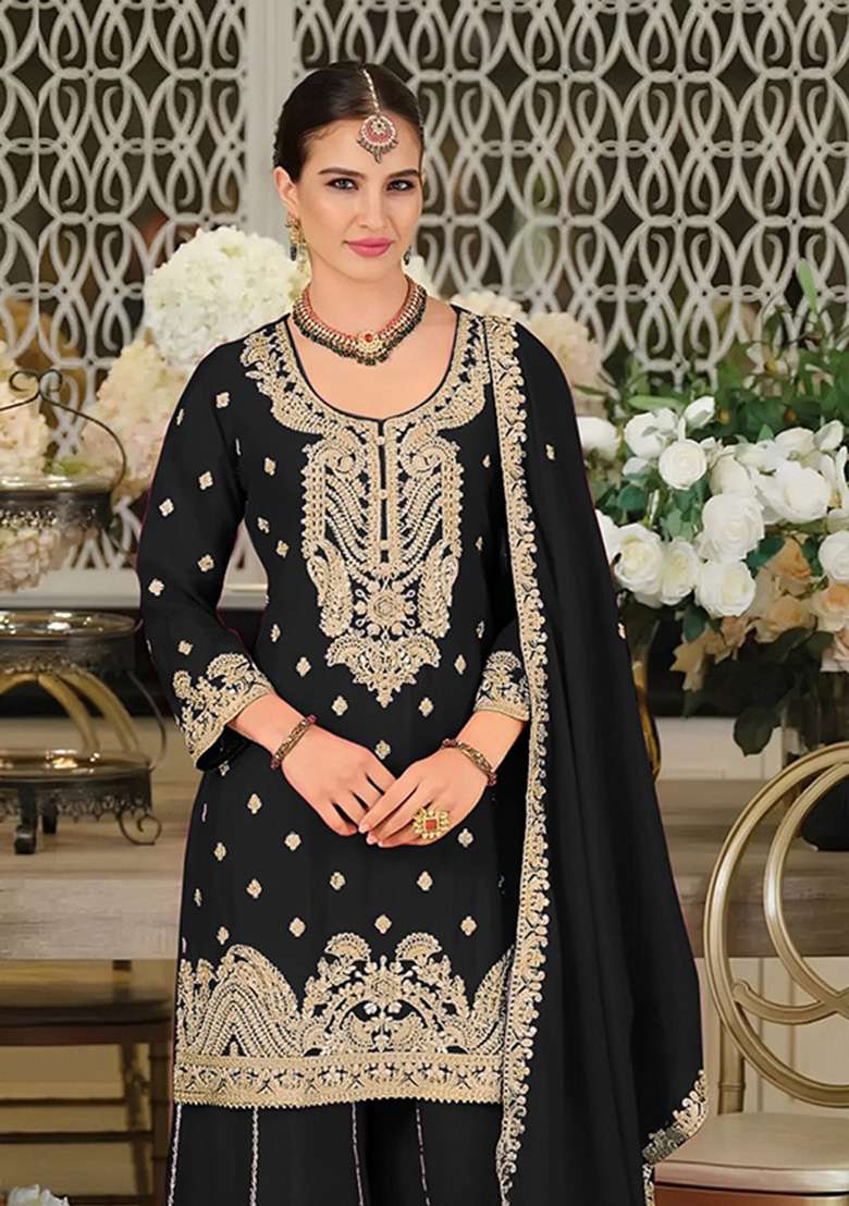 Black Embroidered Silk Kurta Set - Indya