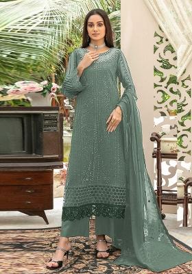 Sea Green Embroidered Chiffon Kurta Set