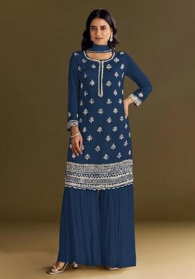 Navy Blue Embroidered Silk Kurta Set