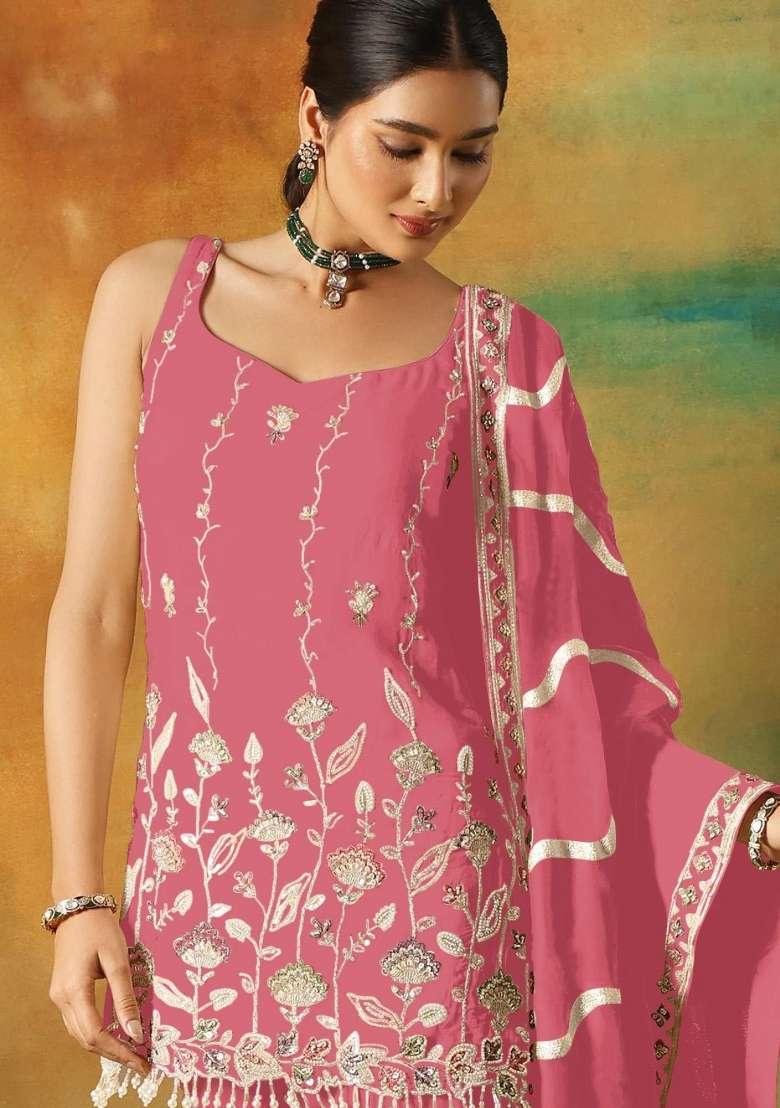 Magenta Embroidered Georgette Kurta Set - Indya