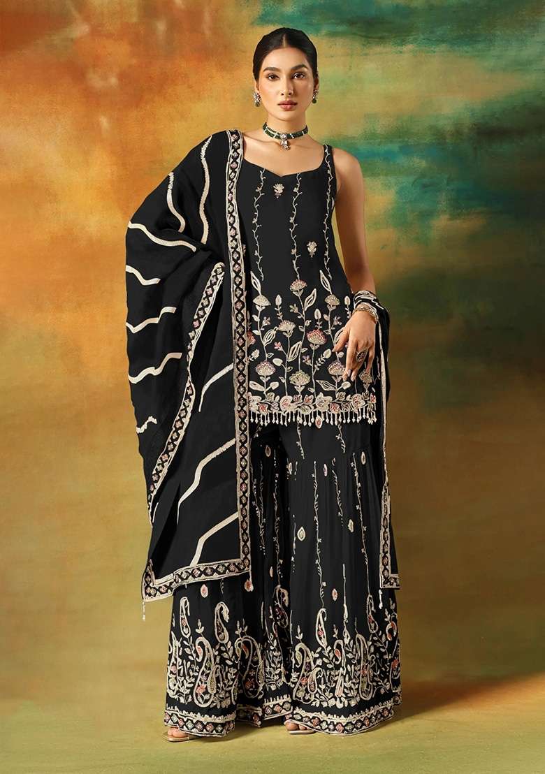 Black Embroidered Georgette Kurta Set - Indya