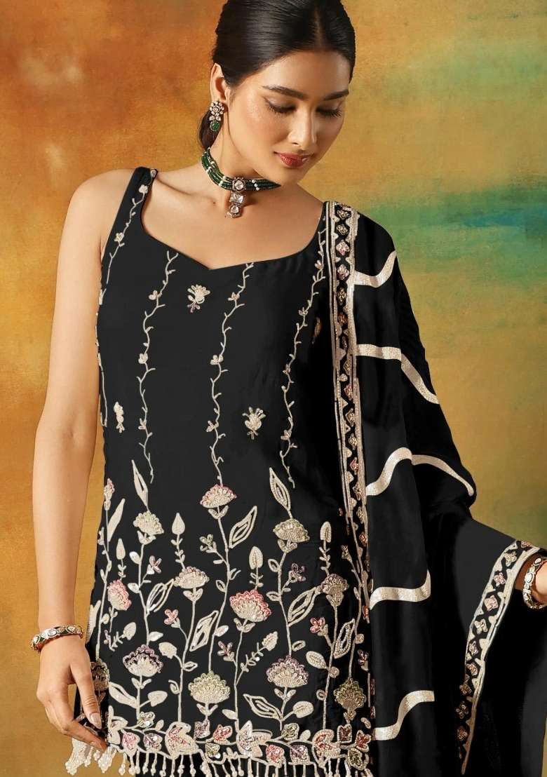 Black Embroidered Georgette Kurta Set - Indya