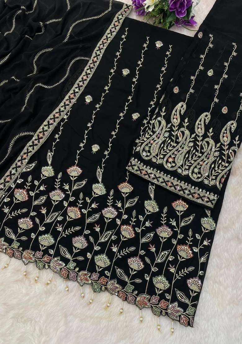 Black Embroidered Georgette Kurta Set - Indya