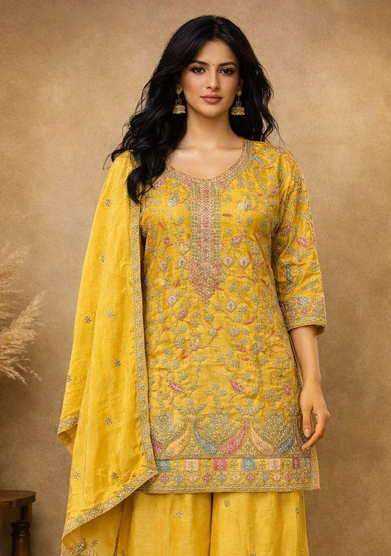 Yellow Embroidered Silk Palazzo Set - Indya