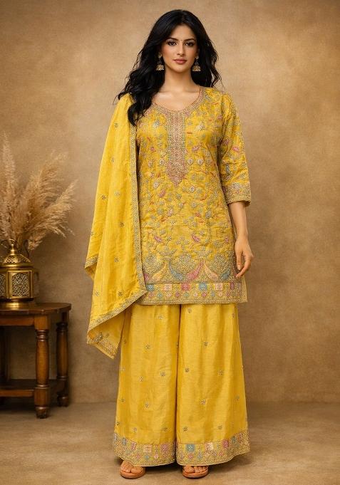 Yellow Embroidered Silk Palazzo Set