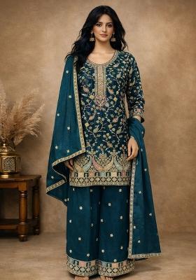 Teal Blue Embroidered Silk Palazzo Set