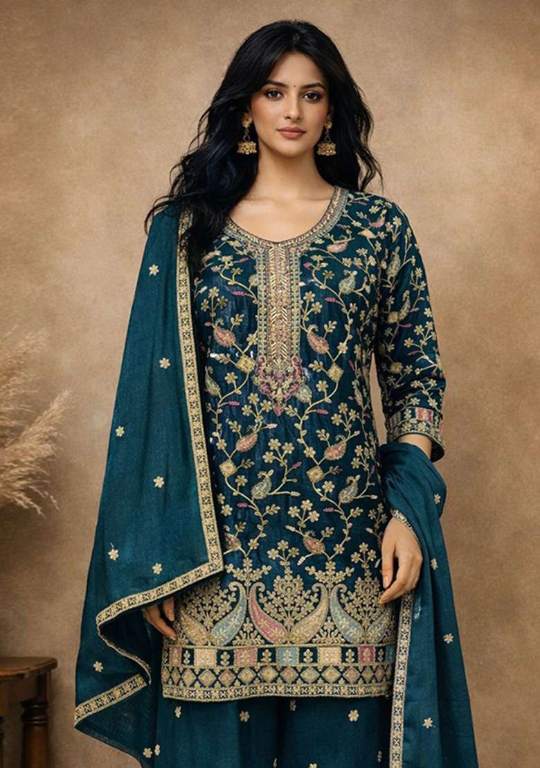 Teal Blue Embroidered Silk Palazzo Set - Indya