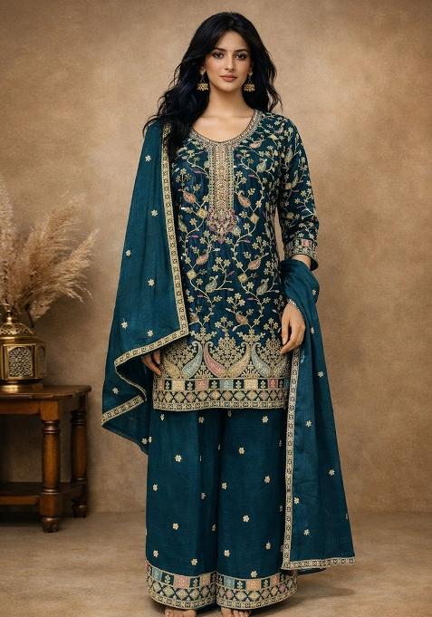 Teal Blue Embroidered Silk Palazzo Set