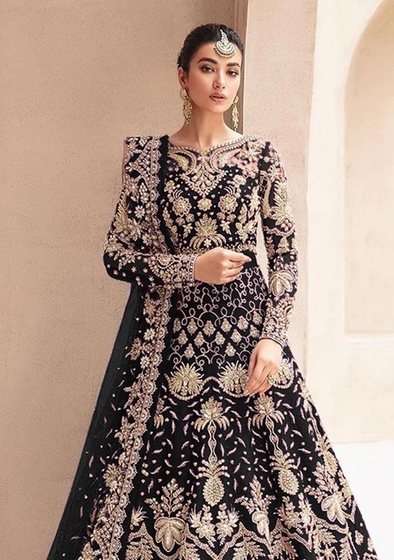 Black Embroidered Net Anarkali With Dupatta - Indya