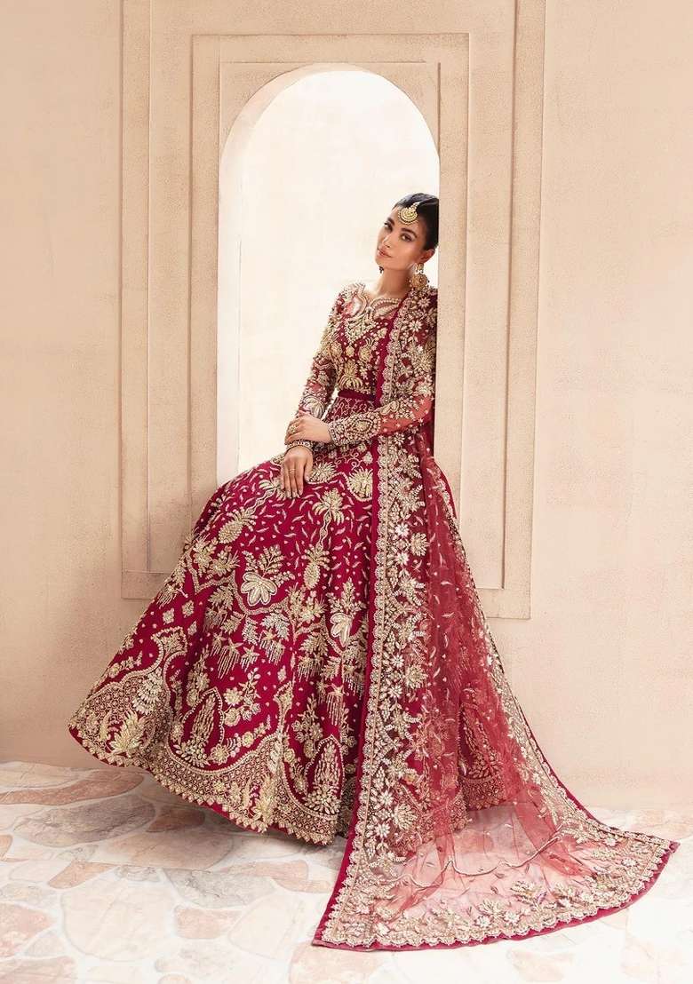 Maroon Embroidered Net Anarkali With Dupatta - Indya