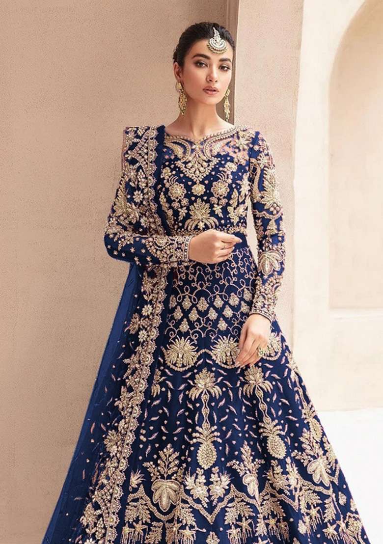 Navy Blue Embroidered Net Anarkali With Dupatta - Indya
