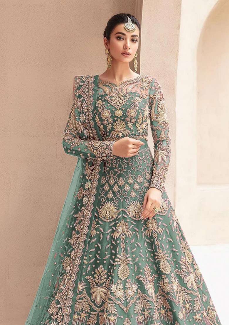 Sky Blue Embroidered Net Anarkali With Dupatta - Indya