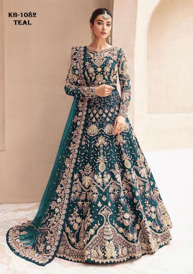 Teal Blue Embroidered Net Anarkali With Dupatta - Indya