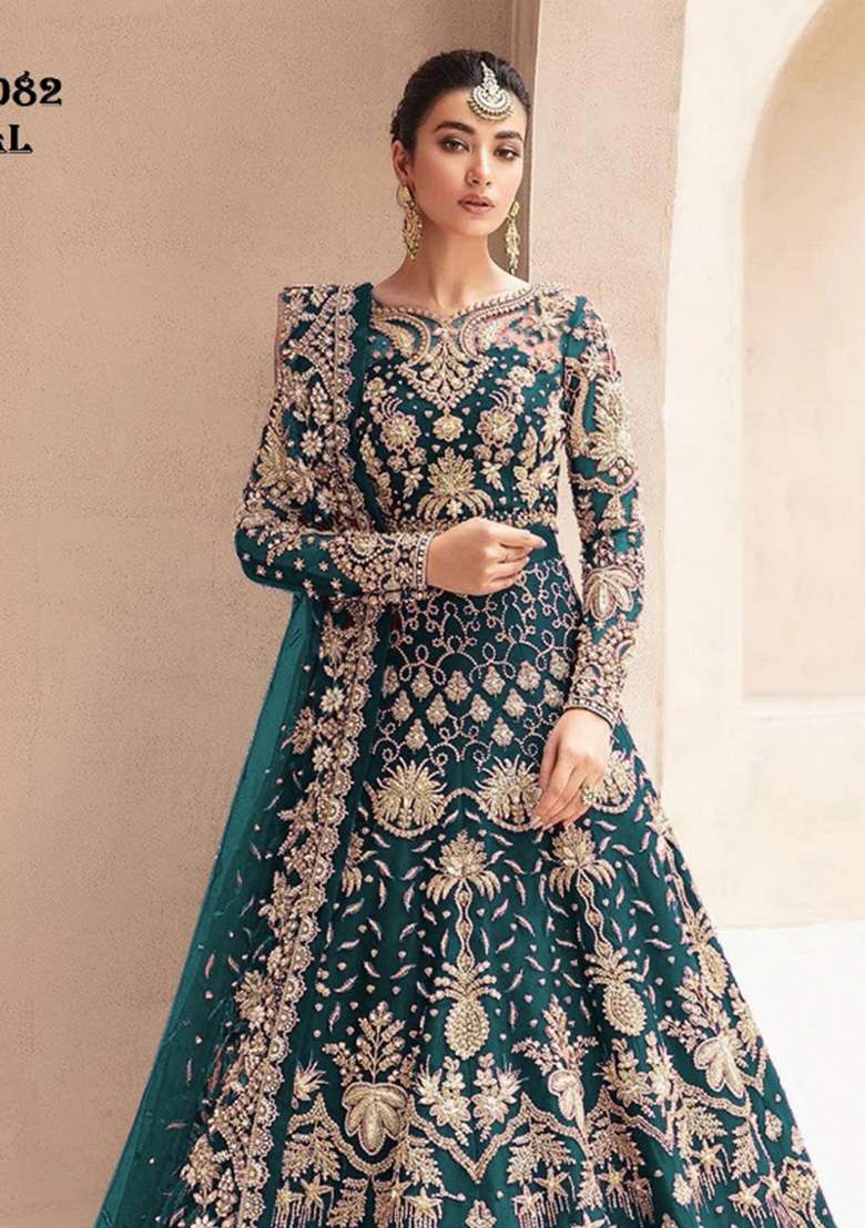 Teal Blue Embroidered Net Anarkali With Dupatta - Indya