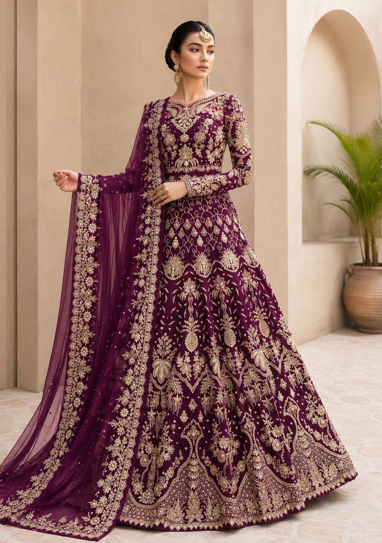 Wine Embroidered Net Anarkali With Dupatta - Indya