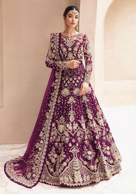 Wine Embroidered Net Anarkali With Dupatta
