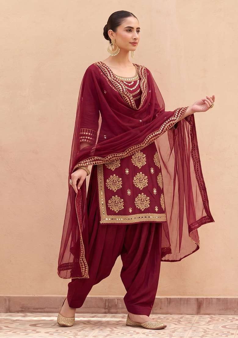 Maroon Embroidered Silk Kurta Set - Indya