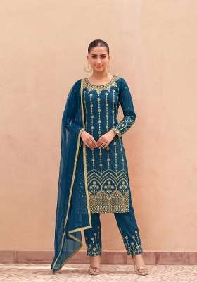 Teal Blue Embroidered Silk Kurta Set
