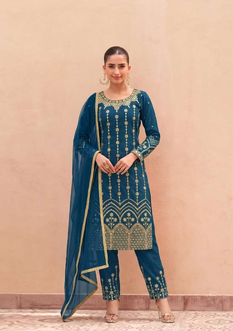 Teal Blue Embroidered Silk Kurta Set - Indya