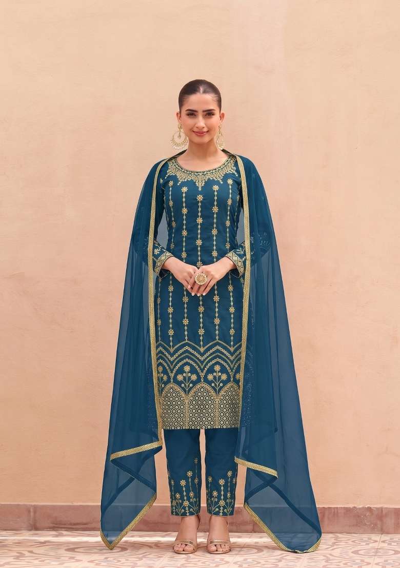 Teal Blue Embroidered Silk Kurta Set - Indya
