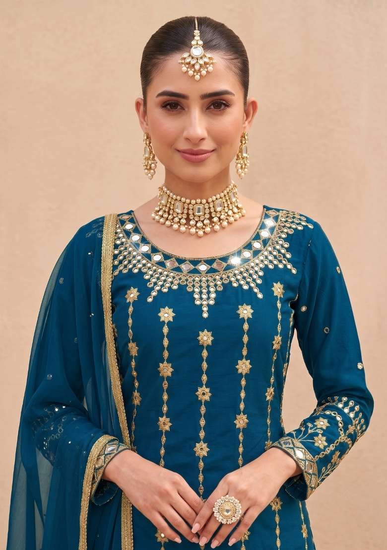 Teal Blue Embroidered Silk Kurta Set - Indya