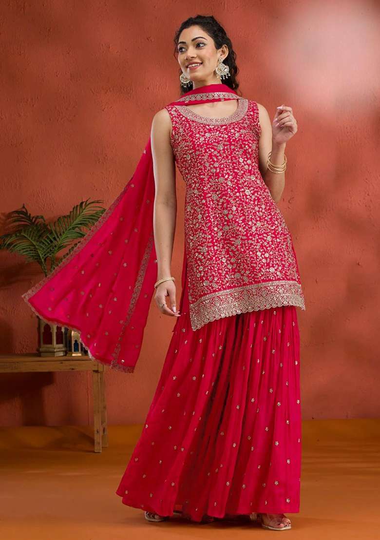 Red Embroidered Georgette Kurta Set - Indya
