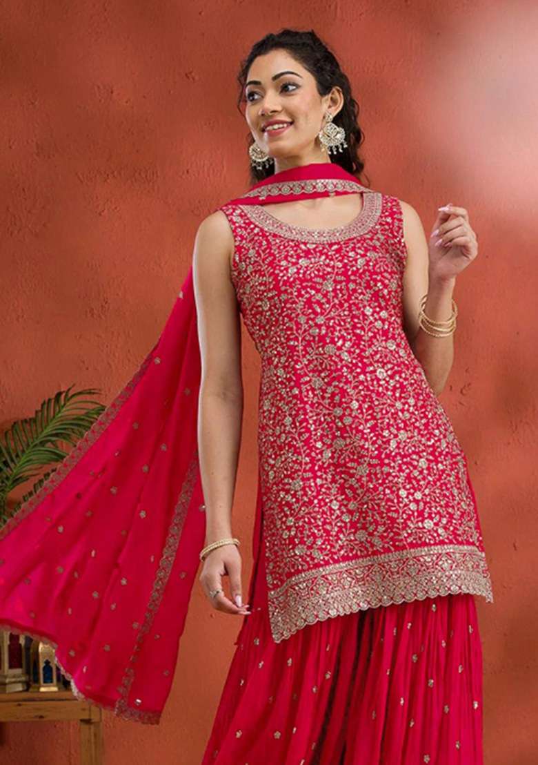 Red Embroidered Georgette Kurta Set - Indya