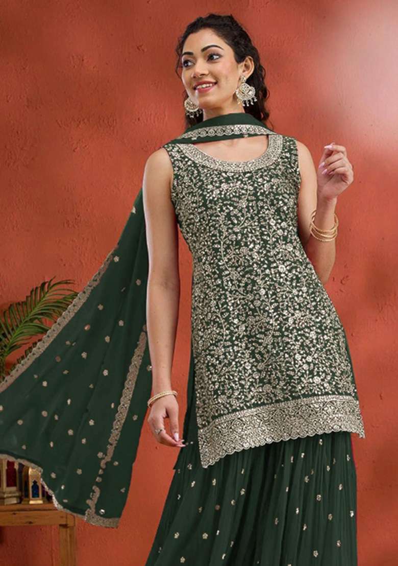 Green Embroidered Georgette Kurta Set - Indya