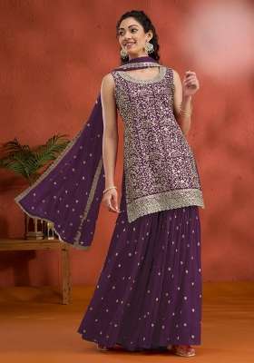 Purple Embroidered Georgette Kurta Set