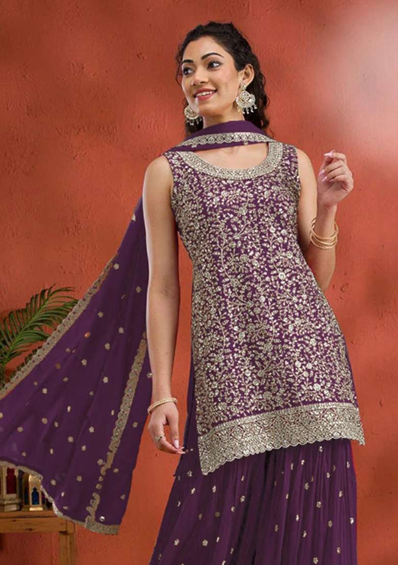 Purple Embroidered Georgette Kurta Set - Indya