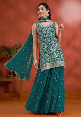 Teal Green Embroidered Georgette Kurta Set