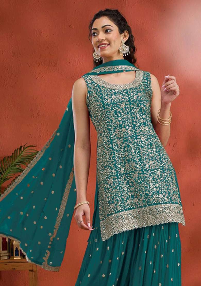 Teal Green Embroidered Georgette Kurta Set - Indya