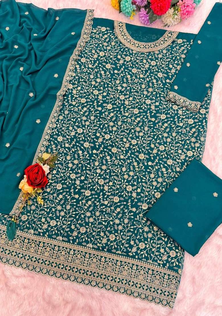 Teal Green Embroidered Georgette Kurta Set - Indya