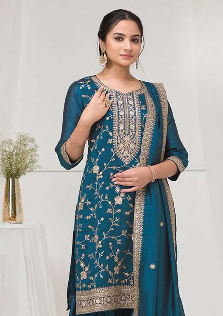 Teal Blue Embroidered Silk Kurta Set - Indya