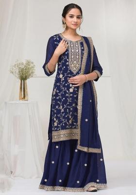 Navy Blue Embroidered Silk Kurta Set
