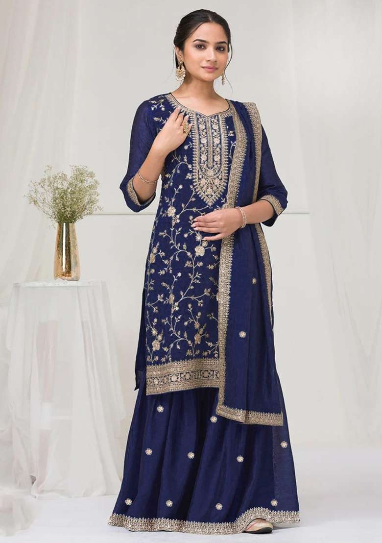 Navy Blue Embroidered Silk Kurta Set - Indya