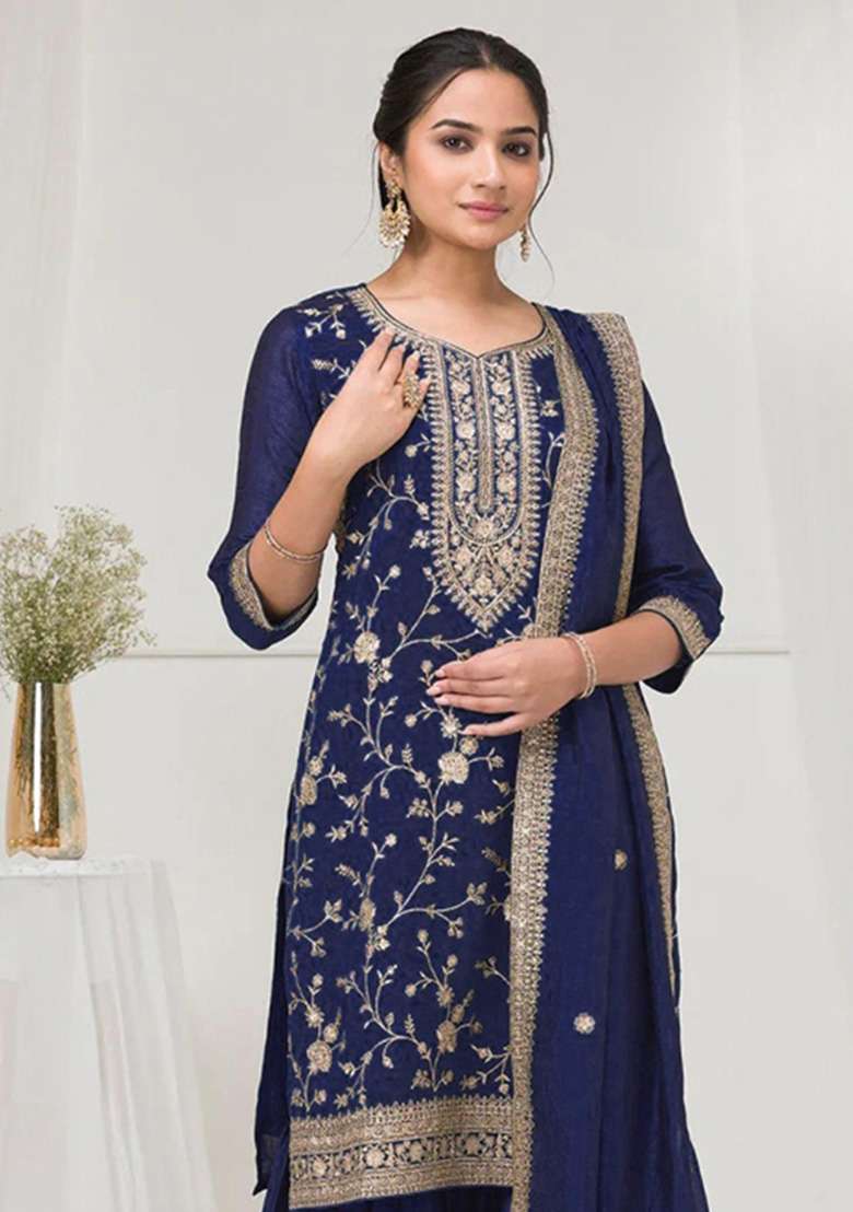 Navy Blue Embroidered Silk Kurta Set - Indya
