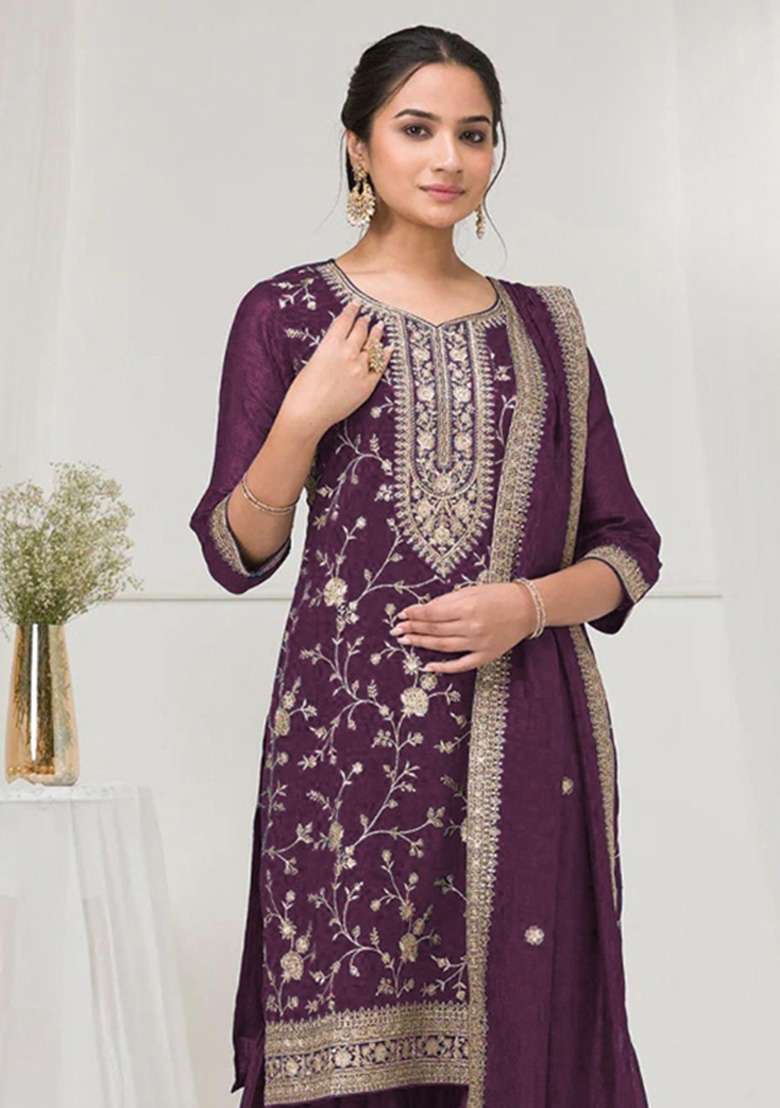 Wine Embroidered Silk Kurta Set - Indya