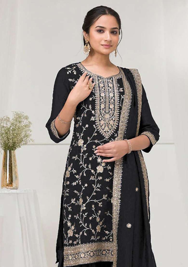 Black Embroidered Silk Kurta Set - Indya