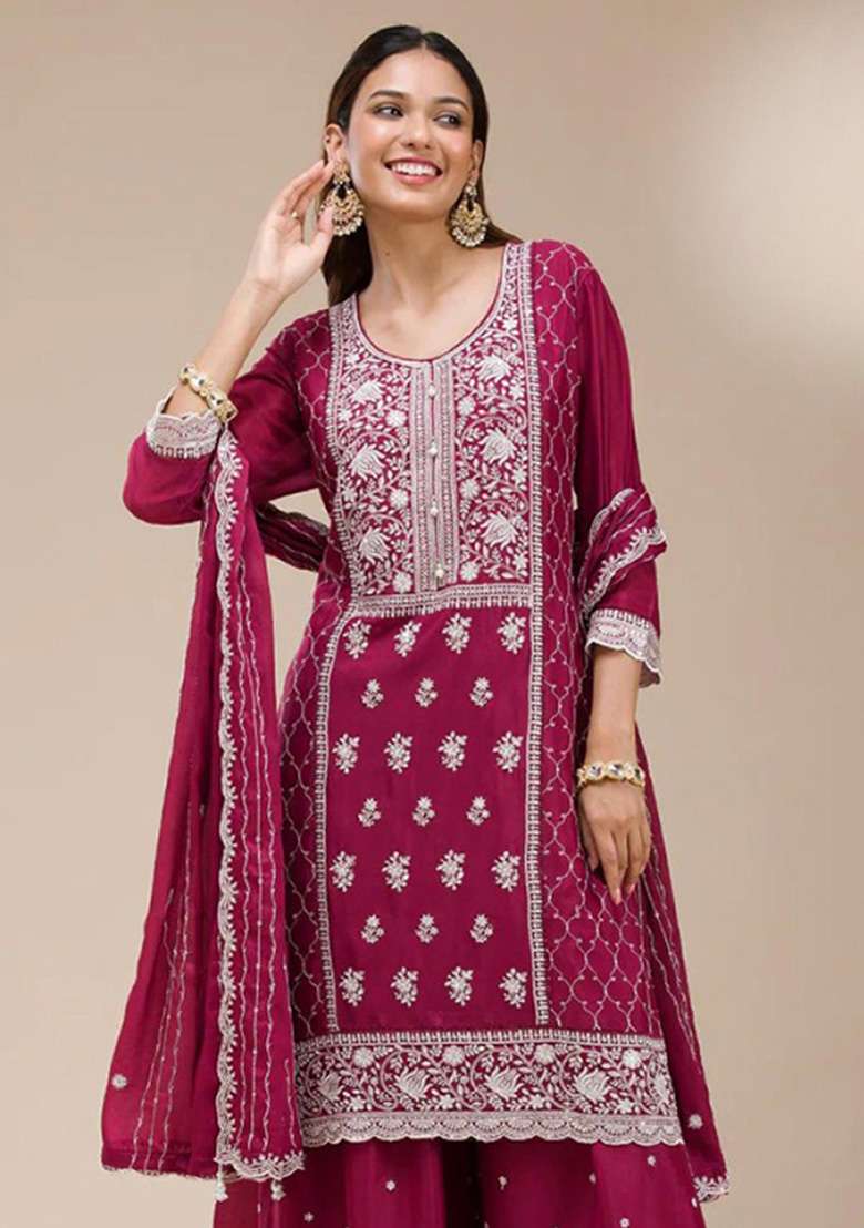 Maroon Embroidered Georgette Kurta Set - Indya