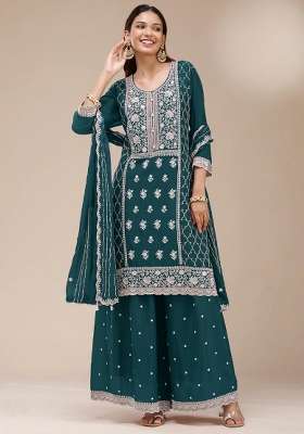 Teal Blue Embroidered Georgette Kurta Set