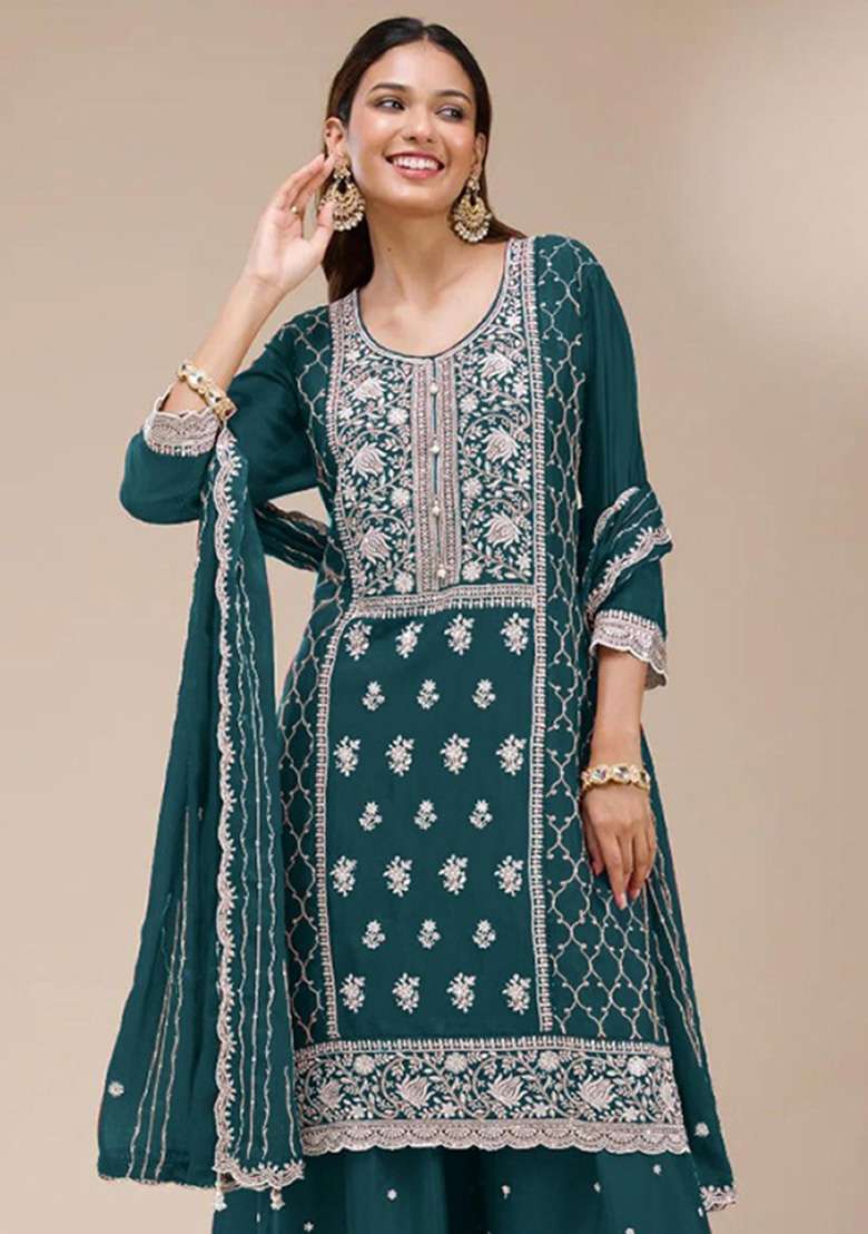 Teal Blue Embroidered Georgette Kurta Set - Indya