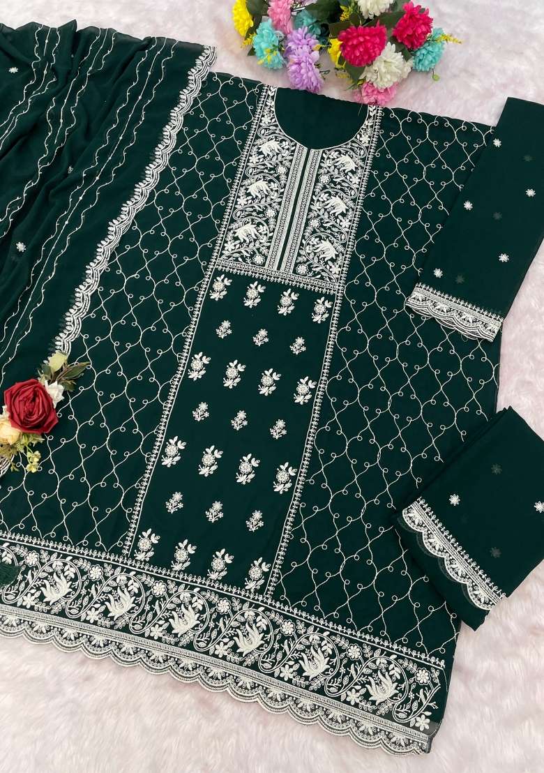 Teal Blue Embroidered Georgette Kurta Set - Indya