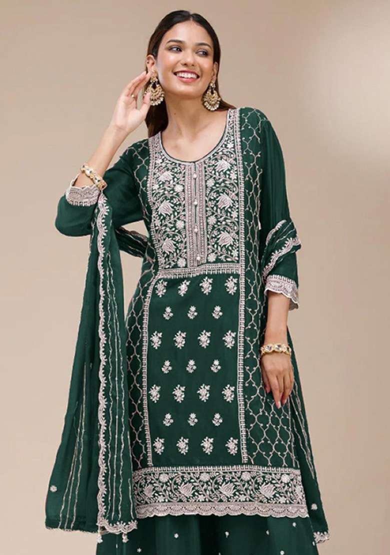 Black Embroidered Georgette Kurta Set - Indya